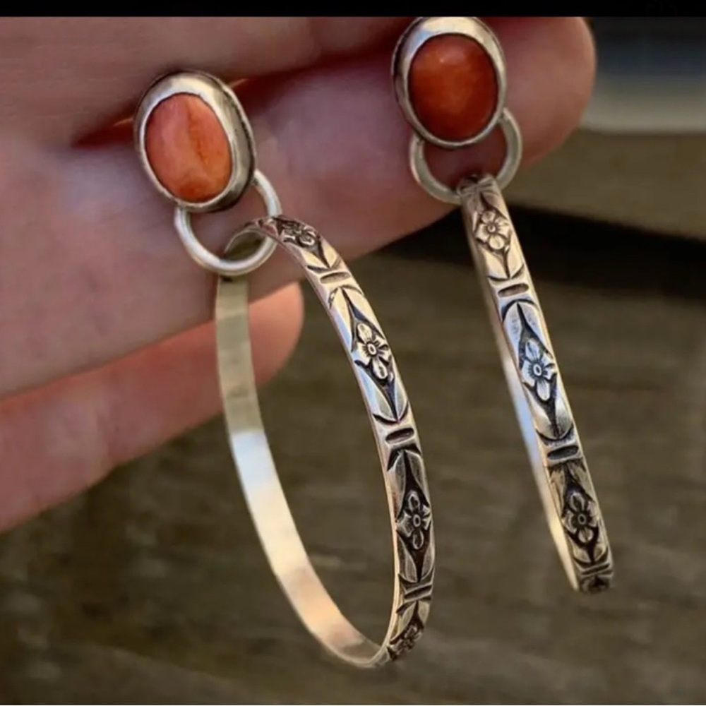Bohemian Orange Stones on Silver Floral Etched Hoop Earrings NWT